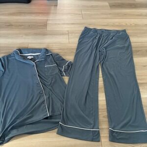 Nicole Miller New York Blue Ribbed Pajama Set Button Down Shirt Wide Pants L/XL